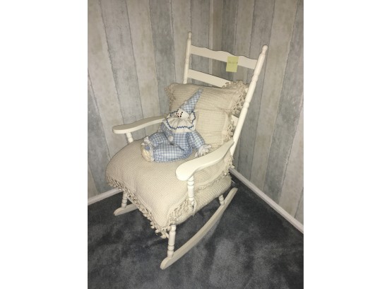 White Painted Wood Rocking Chair With Pillows And Clown