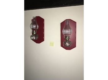 Pair Of Lantern Sconces Mounted On Wood Boards