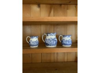 (3) BLUE AND WHITE TRANSFERWARE TOILE ENGLISH PITCHERS BY MINTONS