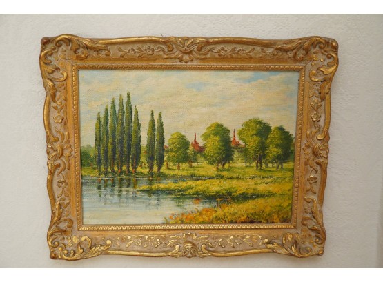 Antique Painting Of Landscape Scene With Beauitful Gold Gilded Wooden Frame