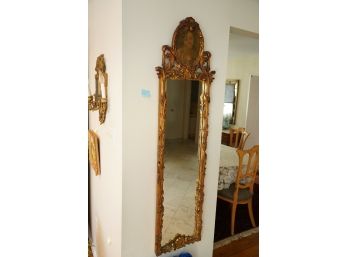 ANTIQUE WOODEN FRAMED MIRROR WITH GIRLS PICTURE ON TOP
