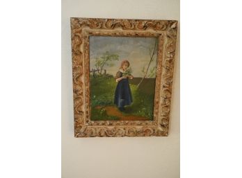 ANTIQUE PAINTING OF GIRL IN FIELD