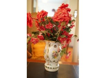 Bohemian Glass Vase Painted White With Flowers -come With Faux Flowers Inside