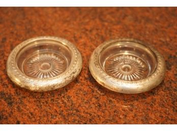 PAIR OF STERLING SILVER COASTERS WITH GLASS CENTER