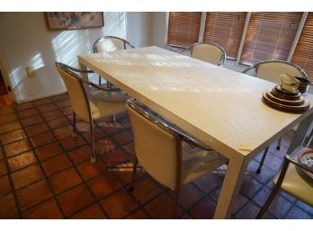 WHITE RECTANGULAR KITCHEN TABLE WITH 6 METAL FRAMED WHITE PADDED CHAIR
