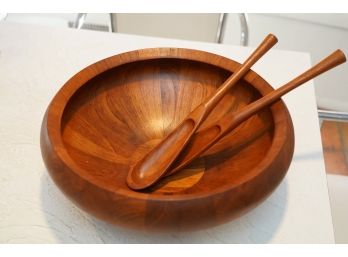 MID CENTURY- LARGE WOODEN SALAD BOWL WITH UNTENSILS