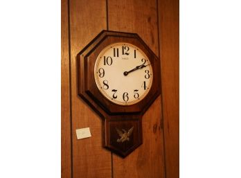 VERICHON WOOD HANGING CLOCK WITH BRASS METAL EAGLE PLAQUE