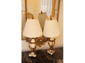 ANTIQUE MARBLE AND METAL LAMP WITH GOLD PAINTED SWAN DESIGN