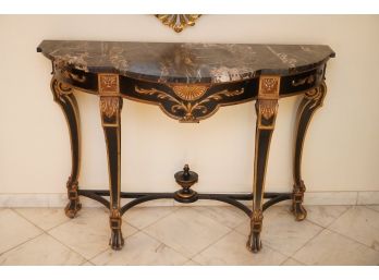 VINTAGE MARBLE AND WOODEN CONSOLE TABLE WITH GOLD PAINT DESIGN