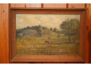 ANTIQUE SIGNED PAINTING OF COWS IN FIELD WITH WOOD FRAME