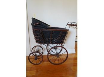 RARE: ANTIQUE BABY DOLL CARRIAGE STROLLER WOODEN WHEEL