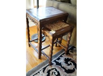 ANTIQUE STACKING WOOD TABLES WITH STONE TOP