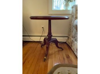 VINTAGE ROUND SIDE TABLE WITH GLASS TOP ON WHEELS