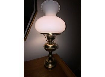 MILK GLASS LAMP WITH METAL BASE