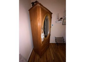 ANTIQUE WOOD TALL BOY WITH MIRROR, TWO DRAWERS 4 SHELVES