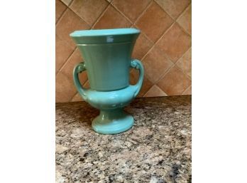 GREEN PAINTED PORCELAIN VASE WITH HANDLES