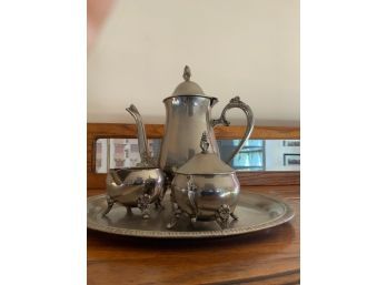 BEAUTIFUL METAL TEA SET WITH SILVER PLATE TRAY