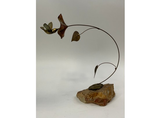 MID CENTURY STYLE- FLOATING METAL FLOWER SIGNED ART ON A STONE BASE