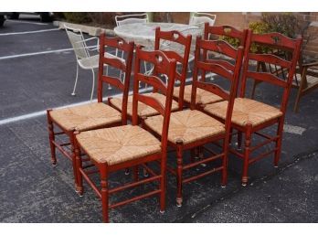 PAIR OF 6 ANTIQUE WOOD RED COLOR CHAIRS WITH WICKER CUSHION