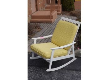 GORGEOUS PAINTED WHITE VINTAGE ROCKING CHAIR WITH BRIGHT YELLOW CUSHIONS