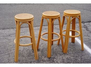 AMAZING CONDITION! PAIR OF 3 VINTAGE BAMBOO BAR STOOLS WITH RATTAN TOPS