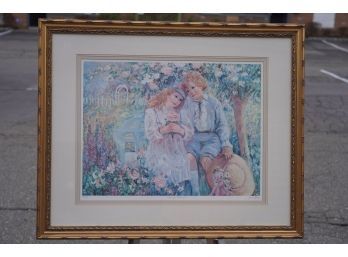 GOLD FRAMED W/GLASS TITLE 'LOVING MEMORIES' LITHOGRAPH SIGNED BY JUNE BORG AND #452/550