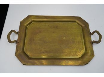 BRASS METAL TRAY WITH HANDLES-W/DESIGN ON TRAY