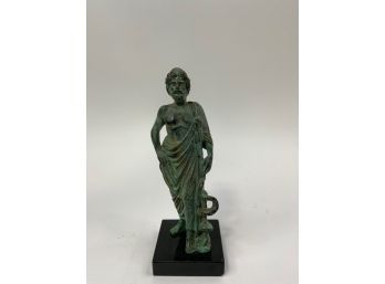SMALL GREEK SOLID BRONZE STATUE OF MAN ON MARBLE STAND