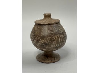 UNIQUE -CARVED STONE VASE WITH LID WITH FISH DESIGN ENGRAVINGS