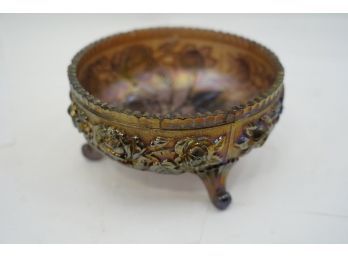 VINTAGE CARNIVAL GLASS FOOTED BOWL WITH FLOWER DESIGN (READ INFO)