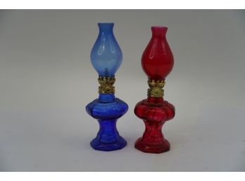 LOT OF 2 ANTIQUE RED AND BLUE OIL LAMPS