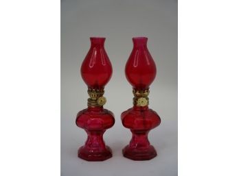 LOT OF 2 RED ANTIQUE GLASS OIL LAMPS