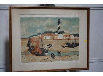 PRINT OF A LIGHTHOUSE SCENERY WITH BOATS SIGNED AND NUMBERED