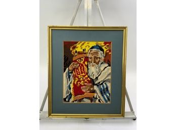 VINTAGE JUDAIC NEEDLEPOINT IN A GOLD FRAME