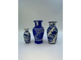 LOT OF 3 BLUE AND WHITE VASES (READ INFO)