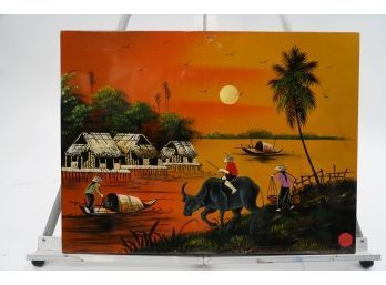 BEAUTIFUL ASIAN STYLE PRINT OF A VILLAGE WITH A SUNSET BACKGROUND