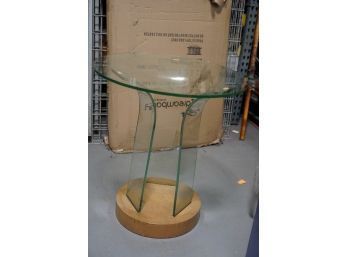 VINTAGE ALL GLASS WITH WOOD BASE SIDE TABLE