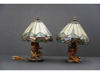 LOT OF 2 STAINED STYLE WORKING DESK LAMPS