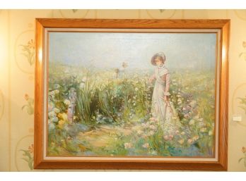 OIL PAINTING OF A WOMEN IN A GARDEN SCENERY SIGNED IN A WOOD FRAME