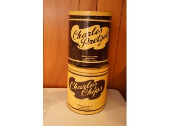 VINTAGE CHARLES CHIPS/PRETZEL METAL CANS- GREAT FOR DISPLAY!