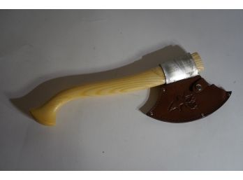 MINT CONDITION AXE WITH WOOD HANDLE AND LEATHER CASE