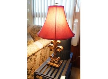 GORGEOUS WOOD LAMP WITH DARK RED SHADE IN WORKING CONDITIONS