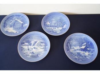 Set Of 4 Vintage Currier And Ives Decorative Plates Japan Winter Edition Blue And Gold Trim