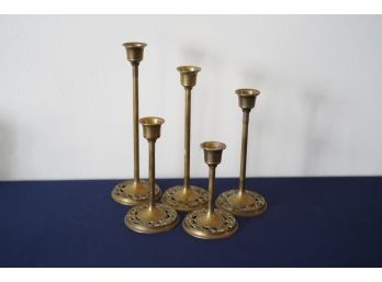 Set Of 5 Brass Metal Different Sizes Candle Stick Set