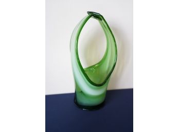 MCM Handblown Stretch Glass Basket Green White Swirl