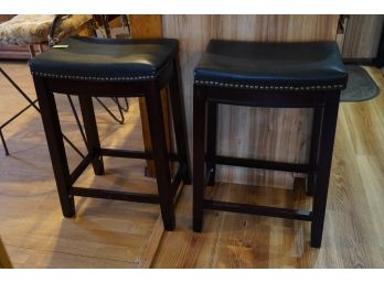 Set Of 2 Black Solid Wood Bar Stools For Kitchen Counter Backless Faux Leather Stools