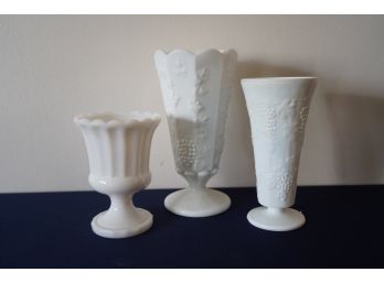 Lot Of 3 Vintage Milk Glass Decor Including Glass Pedestal Vase With Fruit And Vine Design