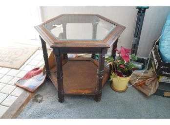 Beveled Edge Glass Wood Polygonal End Table With Rattan Base