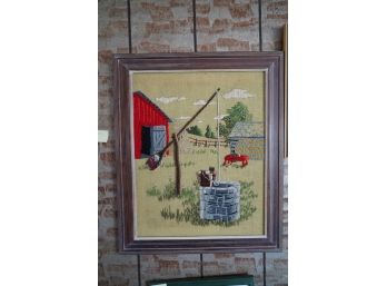 Vintage 70s Cross Stitch Needlepoint Well Garden Farm Country Cottage Core