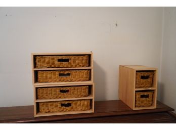 Lot Of 3 Wood Frame Desk Organizer With Wicker Drawers